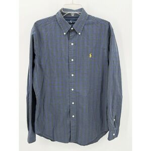 Vintage Ralph Lauren Shirt Mens Medium Blue Plaid Classic Fit Yellow Pony